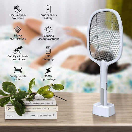 Mosquito Bat with UV Light Lamp Five Nights Mosquito Killer Autokill 2-in-1 Mosquito Racket 1200mAh Lithium-ion Rechargeable Battery Handheld Electric Fly Swatter Cleaner (White)