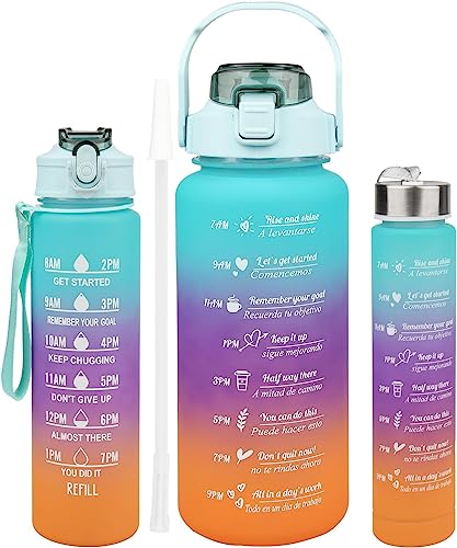 Silicone Water Bottle 3 Pcs Set With Motivational Time Marker With Straw, Leakproof Bpa Free Non-Toxic Water Bottle For Office, Sports, Gym (2000Ml, 900Ml, 350Ml)(Note :Color Is Multi Color)